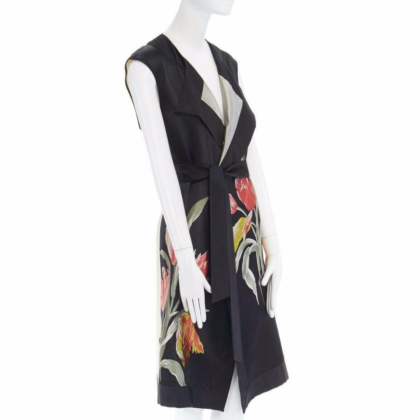 runway DRIES VAN NOTEN SS14 black floral jacquard silk cotton back belted vest S 1