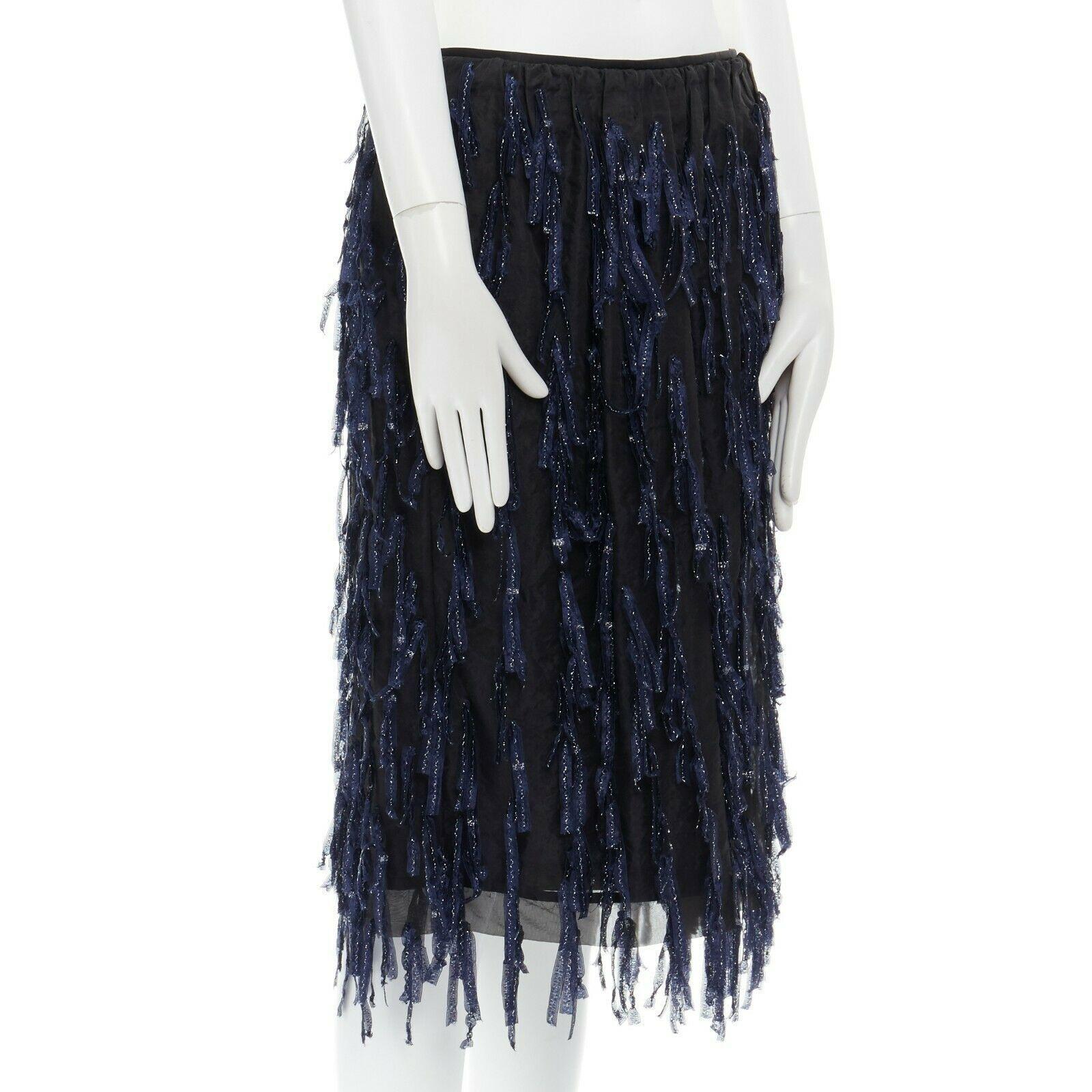 Black runway DRIES VAN NOTEN SS15 metallic blue fringe tassel organza skirt FR38 32