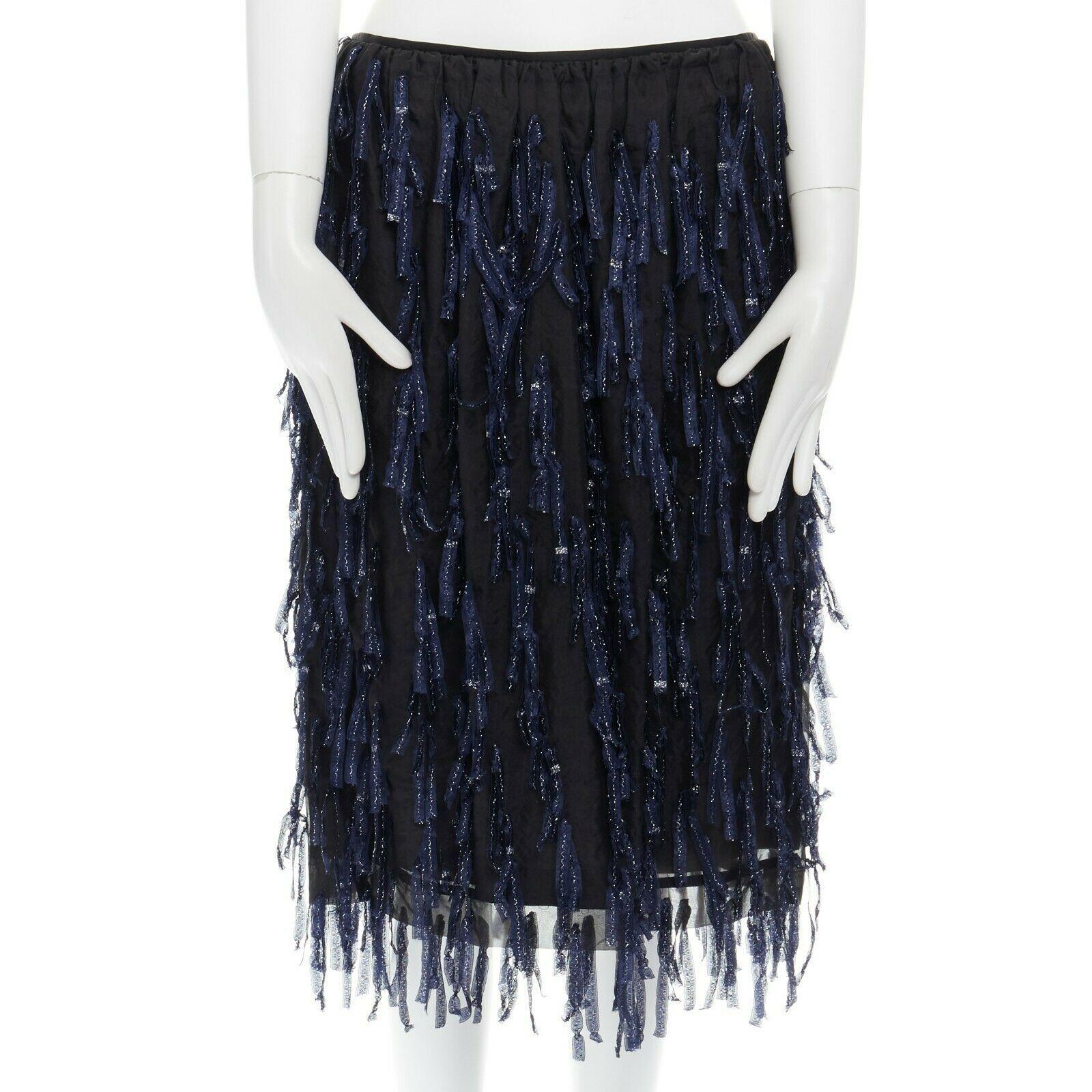 runway DRIES VAN NOTEN SS15 metallic blue fringe tassel organza skirt FR38 32