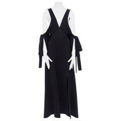 Robe midi noire à col plongeant et manches à épaules dénudées à volants ELLERY, défilé, taille US 6 M