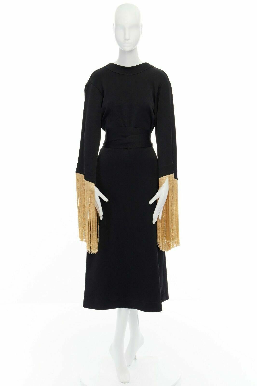 Black runway ELLERY Ritz black jersey gold fringe kimono sleeve belt midi dress AU8 S