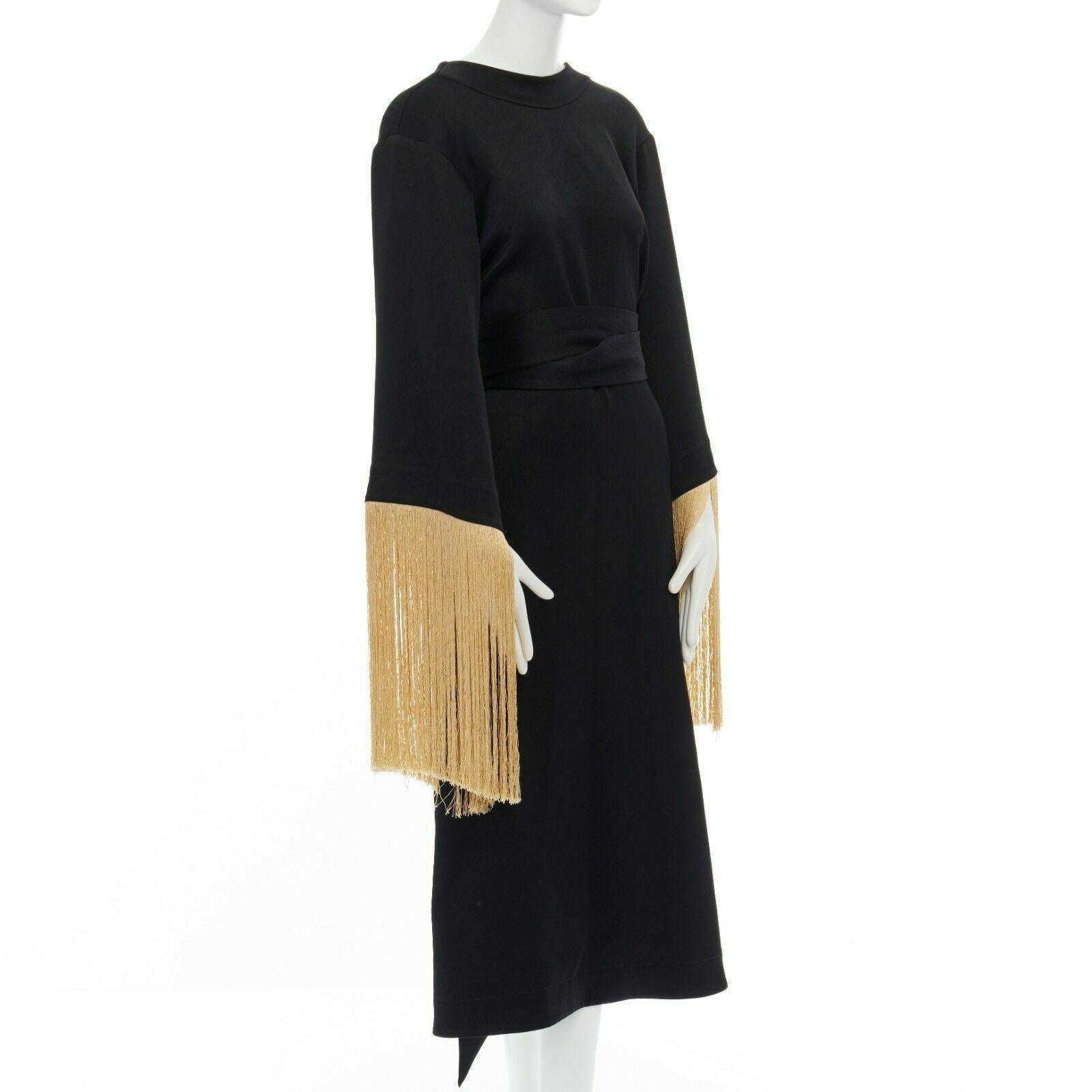 runway ELLERY Ritz black jersey gold fringe kimono sleeve belt midi dress AU8 S In Good Condition In Hong Kong, NT