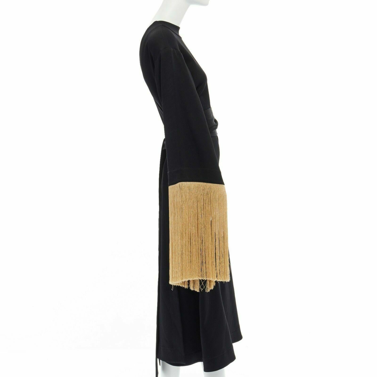 Women's runway ELLERY Ritz black jersey gold fringe kimono sleeve belt midi dress AU8 S