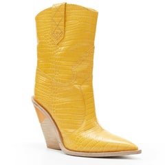 runway FENDI AW18 yellow mock croc leather pointy wood heel western boot EU40