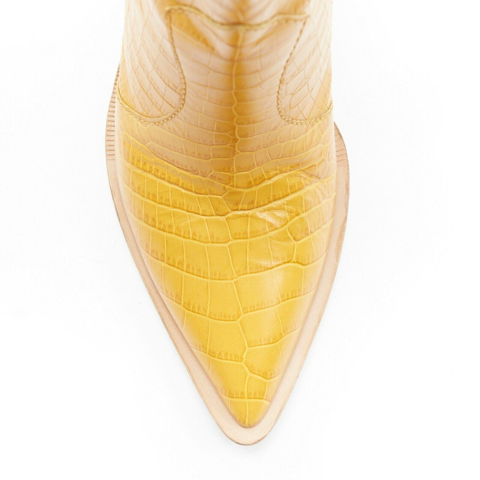 Yellow runway FENDI AW18 yellow mock croc leather pointy wood heel western boot EU40