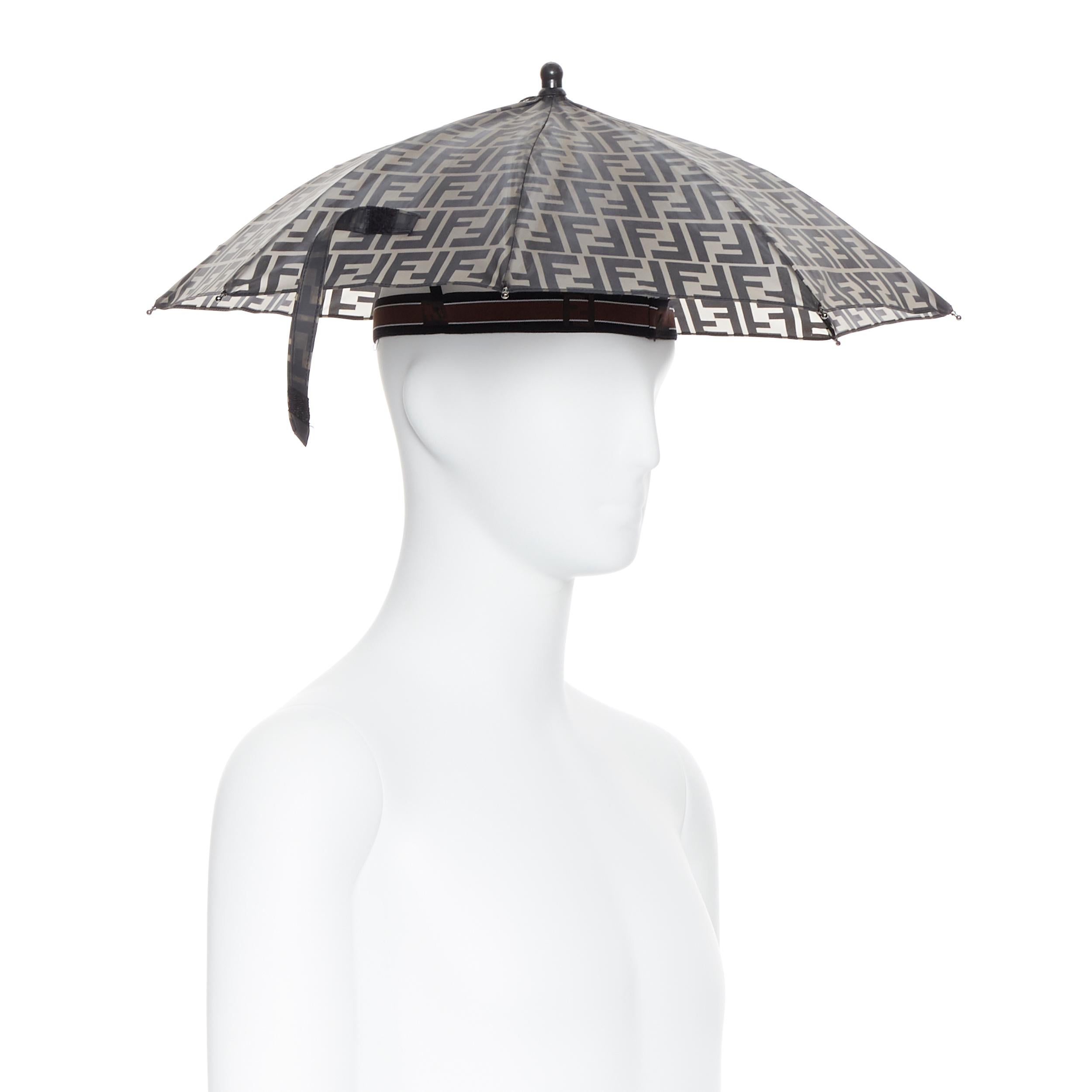 runway FENDI grey FF logo mongram print rubber forever umbrella hat rare
Brand: Fendi
Model Name / Style: Umbrella hat
Material: Rubber
Color: Grey
Pattern: Abstract
Closure: Pull on
Made in: Italy

CONDITION: 
Condition: New without tags.
Comes