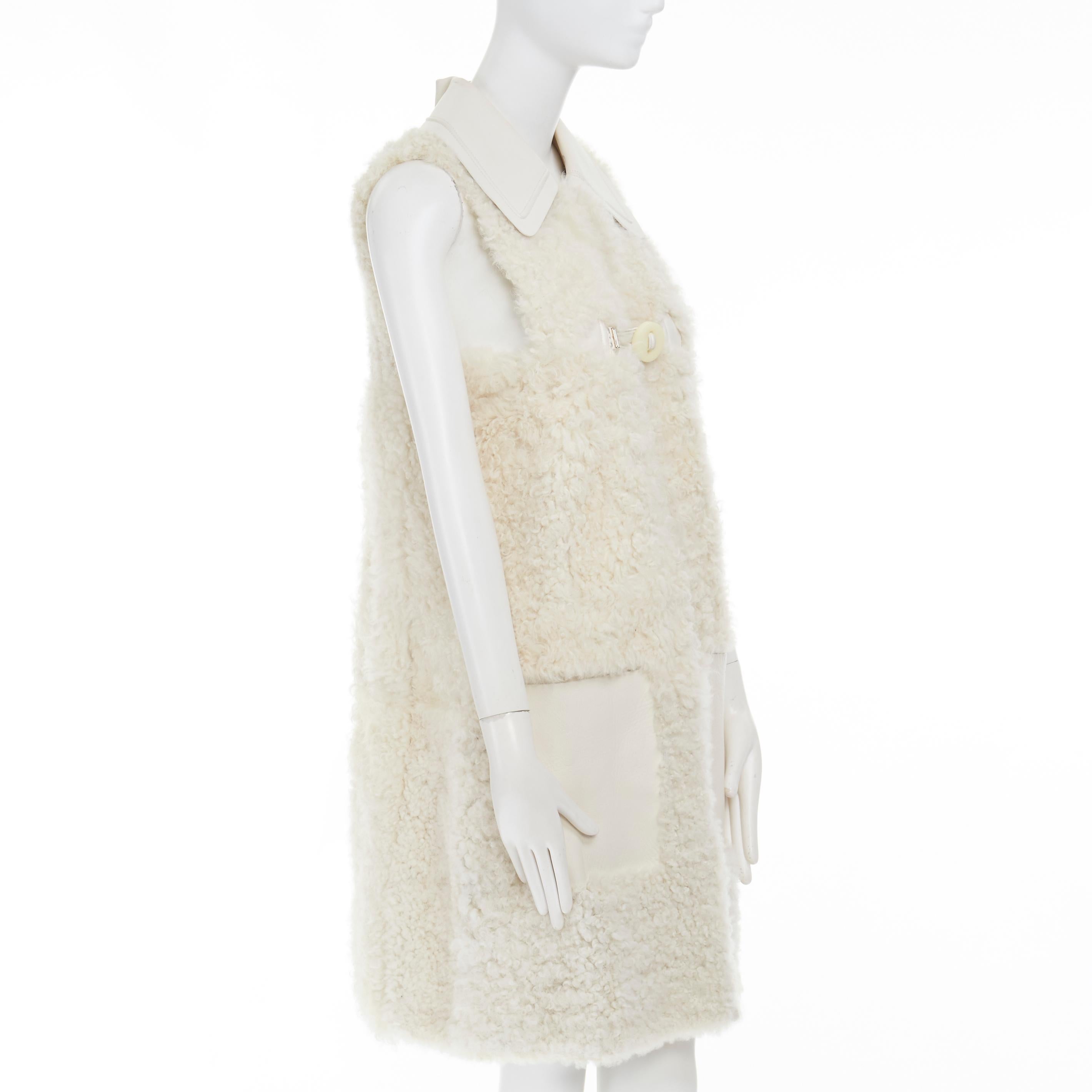 White runway FENDI shearling fur white leather collar patch pocket vest jacket IT40 S