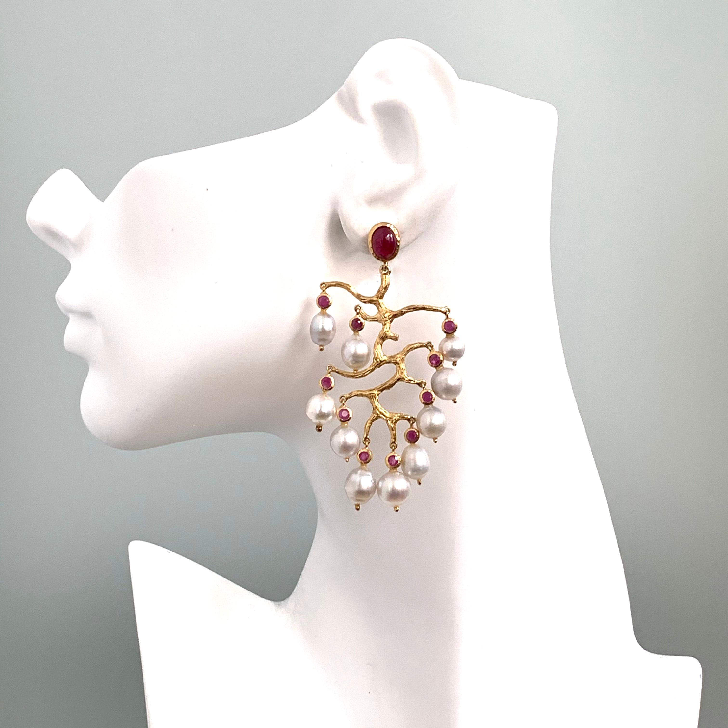 Artisan Runway Genuine Ruby and Australian South Sea Pearl Branch Chandelier Earrings