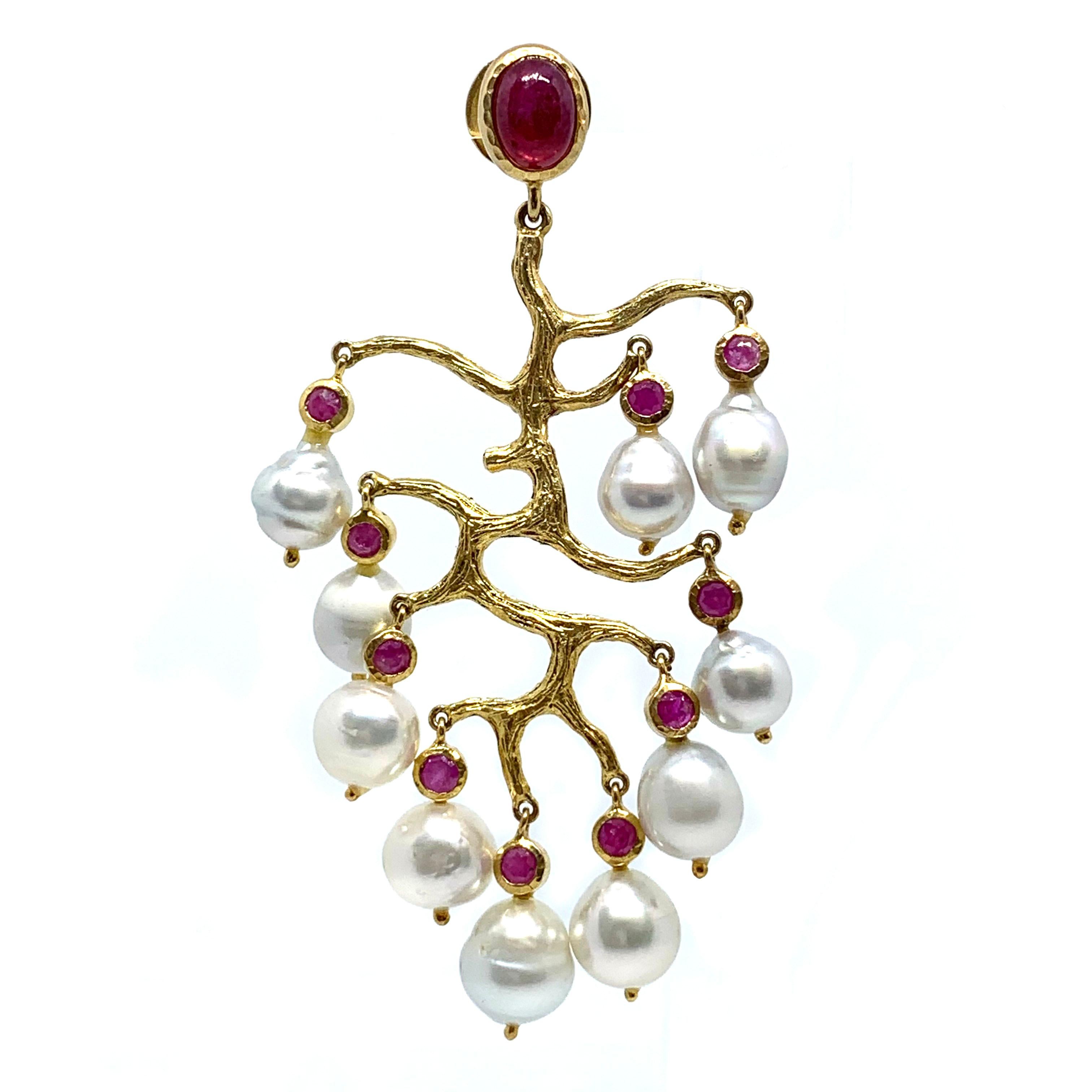 Mixed Cut Runway Genuine Ruby and Australian South Sea Pearl Branch Chandelier Earrings