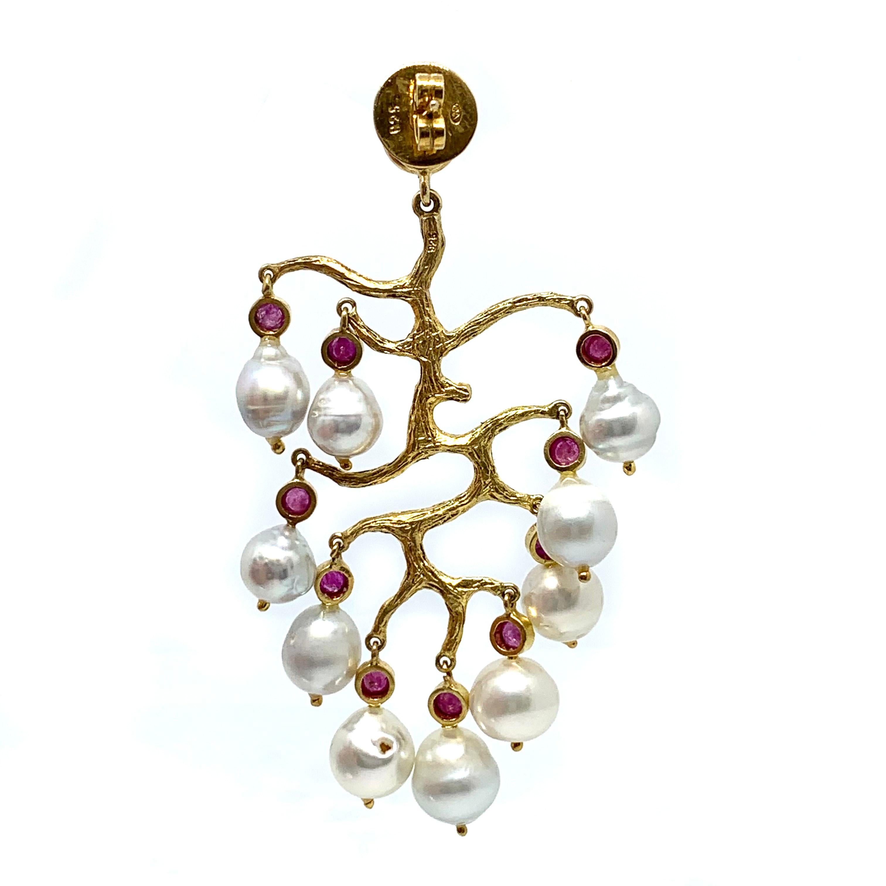 Runway Genuine Ruby and Australian South Sea Pearl Branch Chandelier Earrings In New Condition In Los Angeles, CA