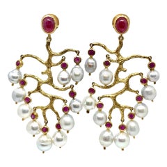 Runway Genuine Ruby and Australian South Sea Pearl Branch Chandelier Earrings