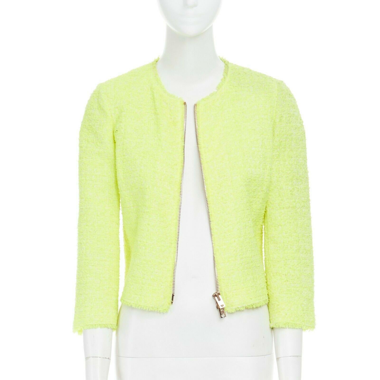 Yellow runway GIAMBATTISTA VALLI 2014 neon yellow zip front collarless tweed jacket XS