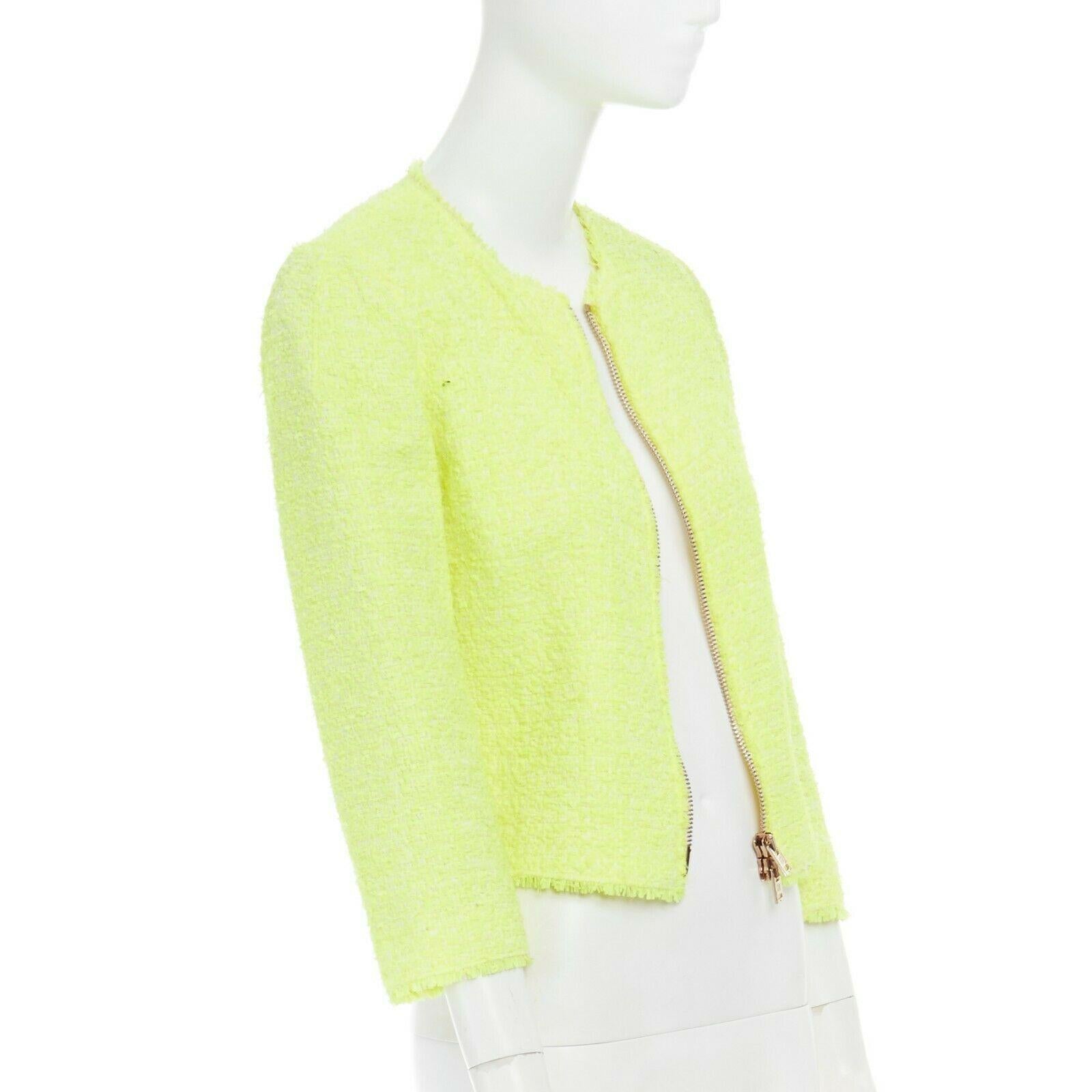 runway GIAMBATTISTA VALLI 2014 neon yellow zip front collarless tweed jacket XS In Excellent Condition In Hong Kong, NT