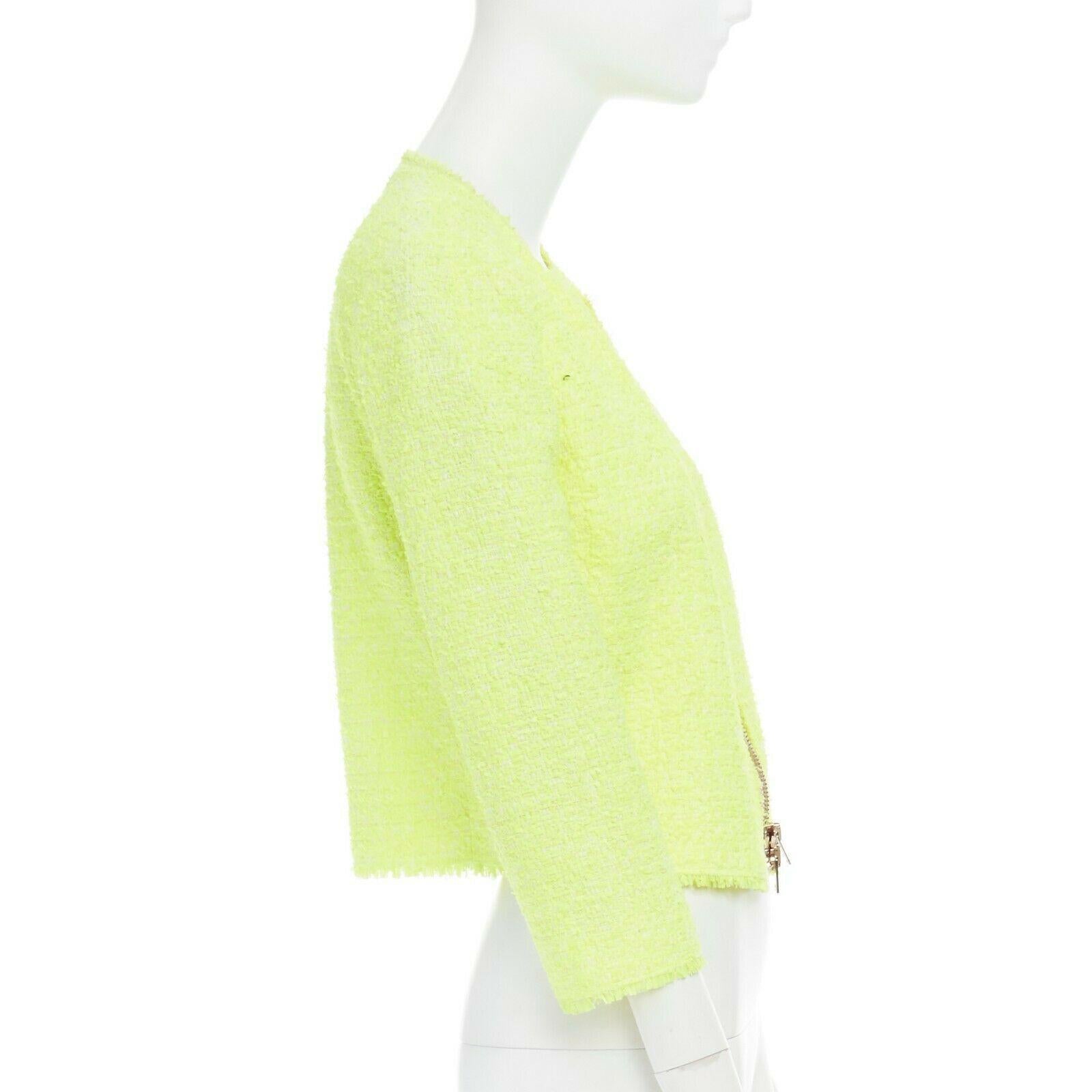 Women's runway GIAMBATTISTA VALLI 2014 neon yellow zip front collarless tweed jacket XS