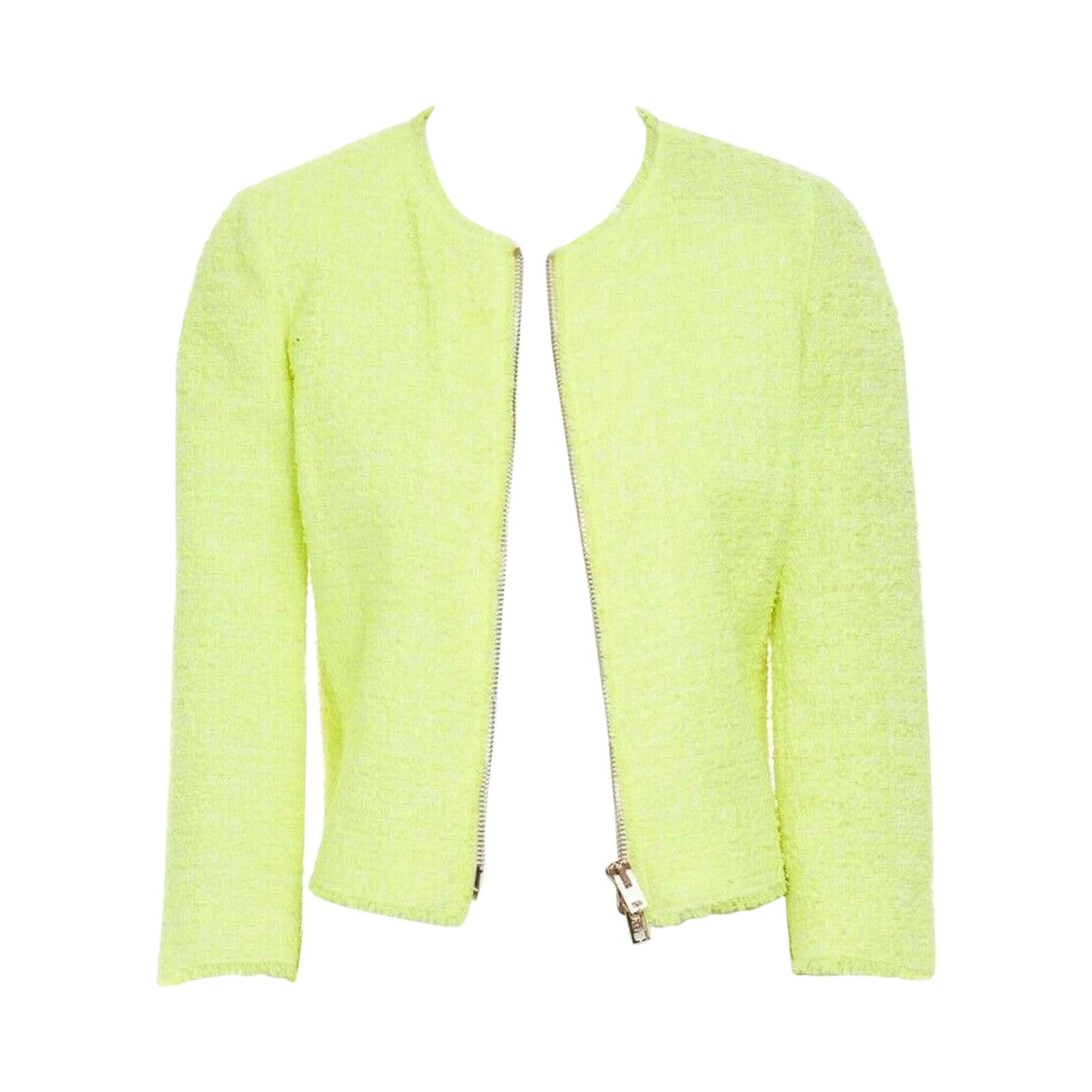 runway GIAMBATTISTA VALLI 2014 neon yellow zip front collarless tweed jacket XS