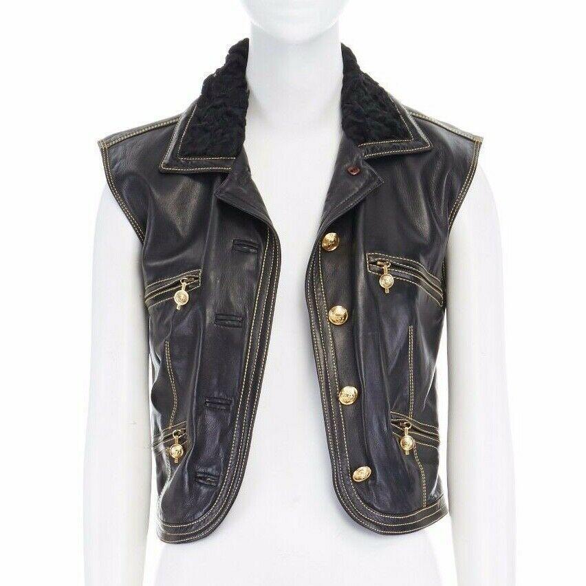 Black runway GIANNI VERSACE AW92 Miss SM black fur collar leather Medusa vest jacket S