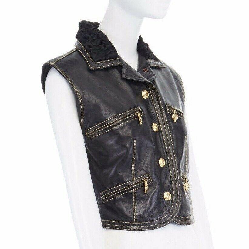 runway GIANNI VERSACE AW92 Miss SM black fur collar leather Medusa vest jacket S In Excellent Condition In Hong Kong, NT