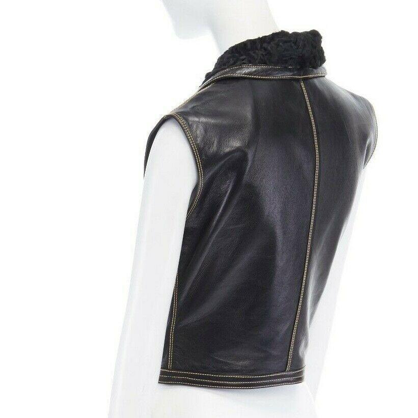 runway GIANNI VERSACE AW92 Miss SM black fur collar leather Medusa vest jacket S 2