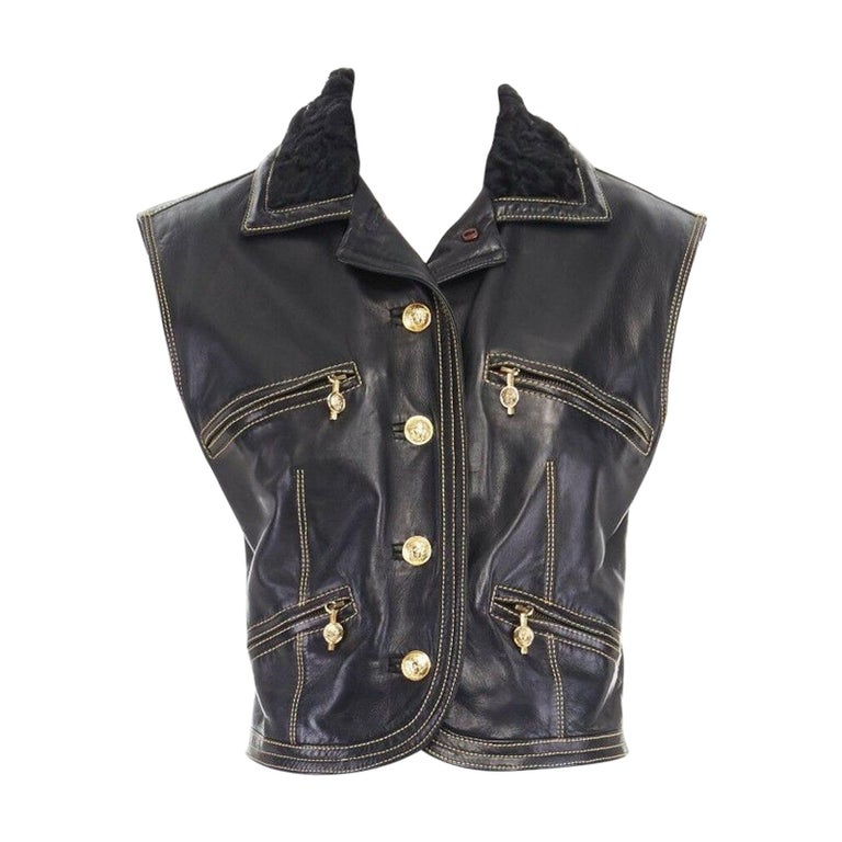 runway GIANNI VERSACE AW92 Miss SM black fur collar leather Medusa vest jacket S For Sale