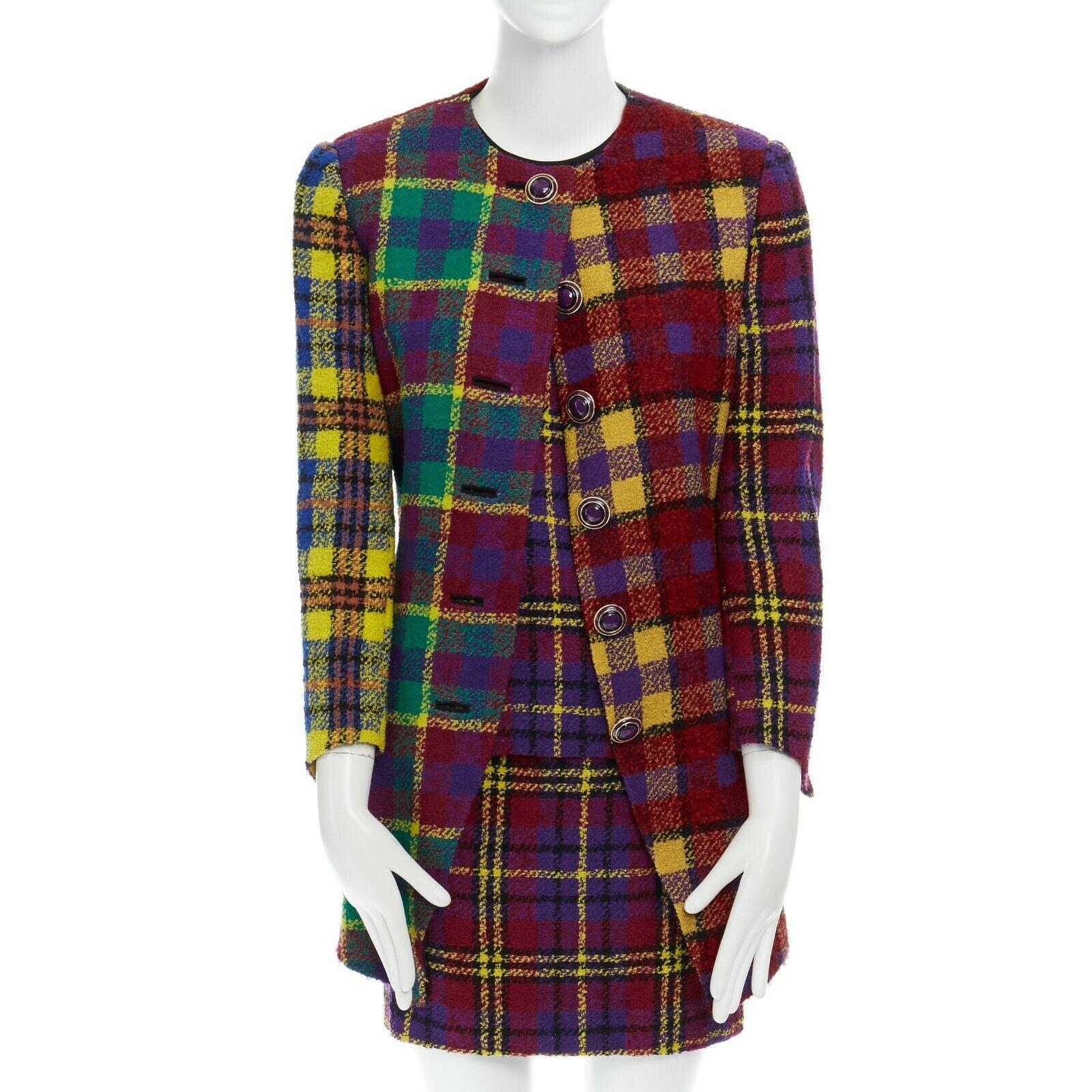 runway GIANNI VERSACE Vintage AW91 multicolor plaid check jacket skirt set S US4 In Excellent Condition In Hong Kong, NT