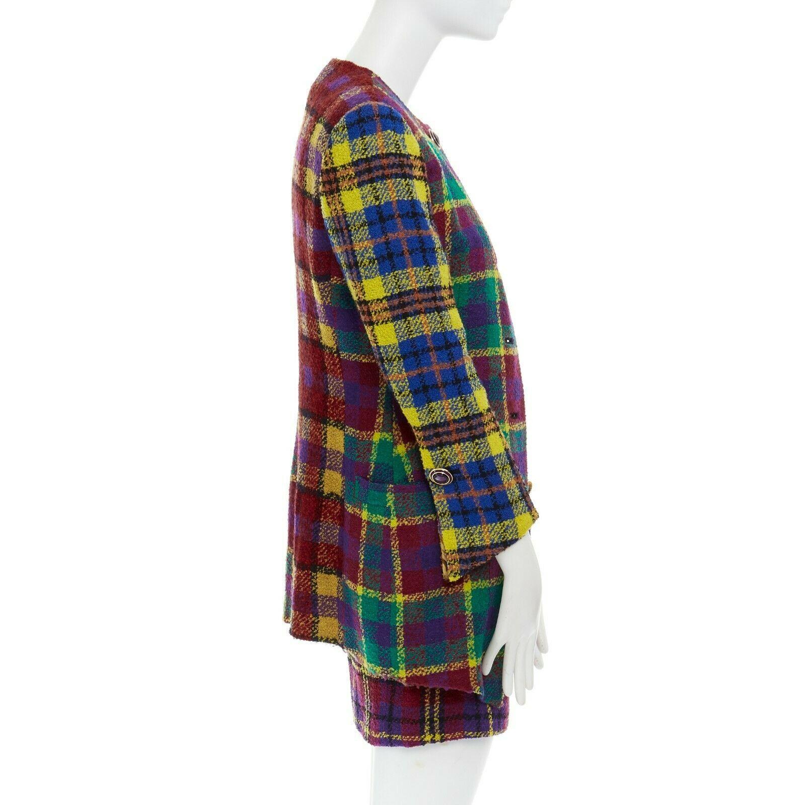 Women's runway GIANNI VERSACE Vintage AW91 multicolor plaid check jacket skirt set S US4