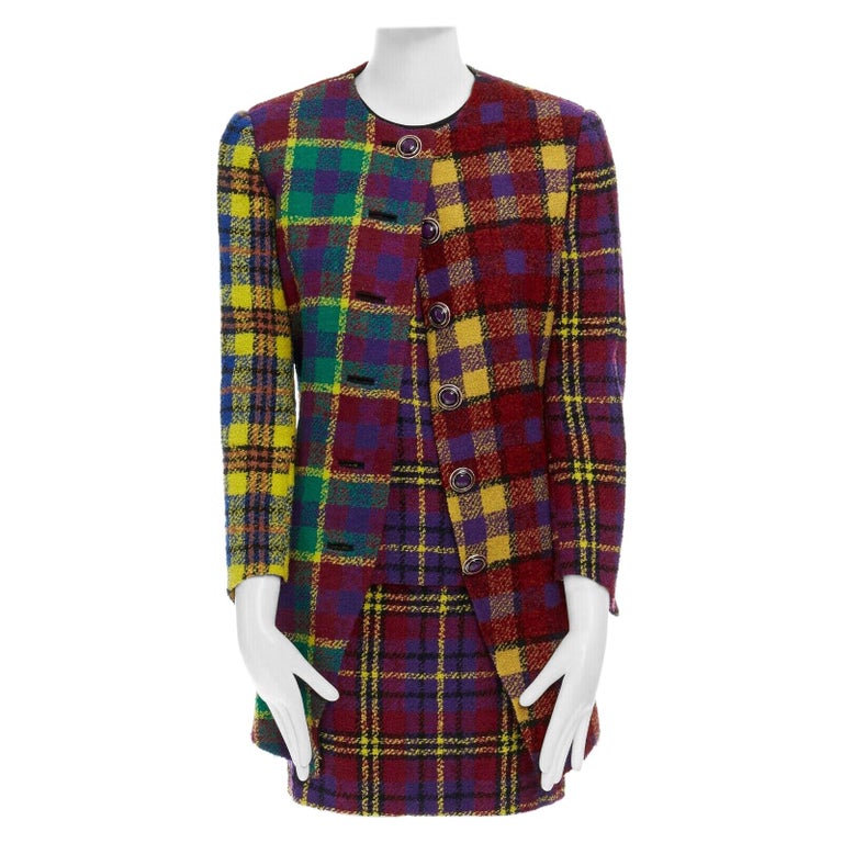 runway GIANNI VERSACE Vintage AW91 multicolor plaid check jacket skirt set S US4 For Sale