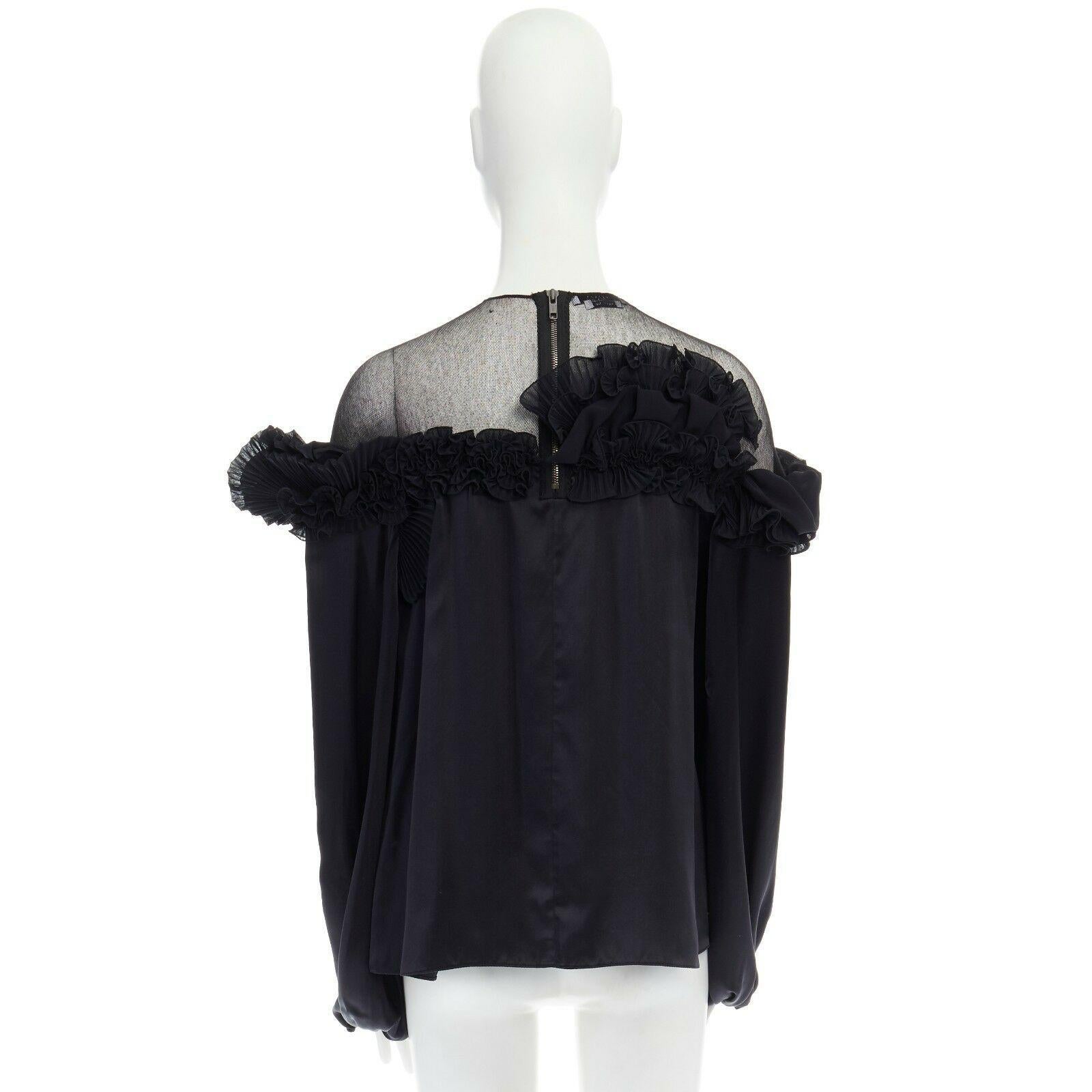 runway GIVENCHY TISCI AW08 black pleated ruffle lace sheer yoke silk top FR36 In Excellent Condition In Hong Kong, NT