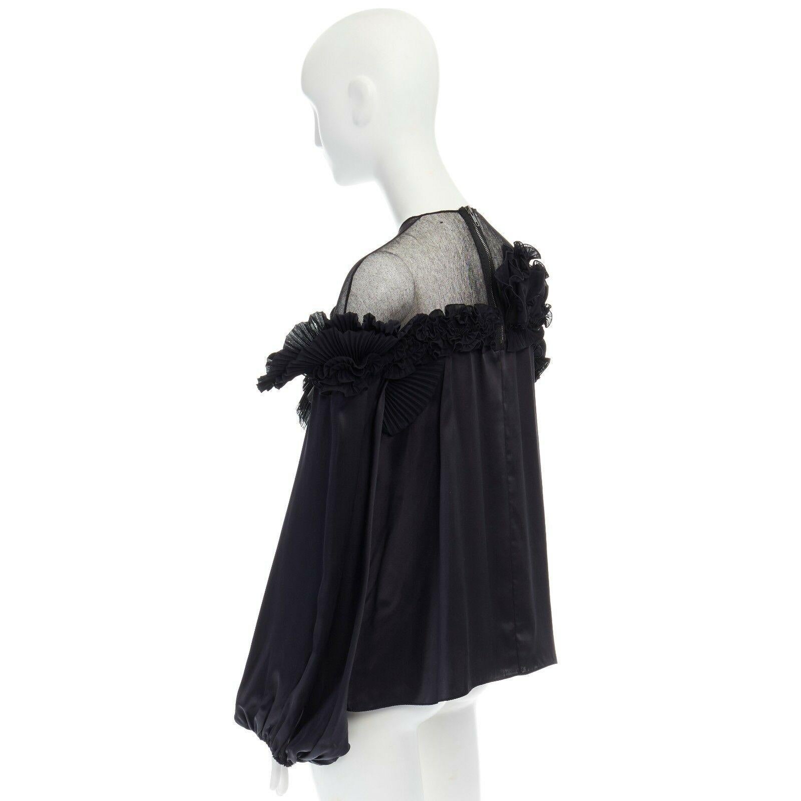 Women's runway GIVENCHY TISCI AW08 black pleated ruffle lace sheer yoke silk top FR36