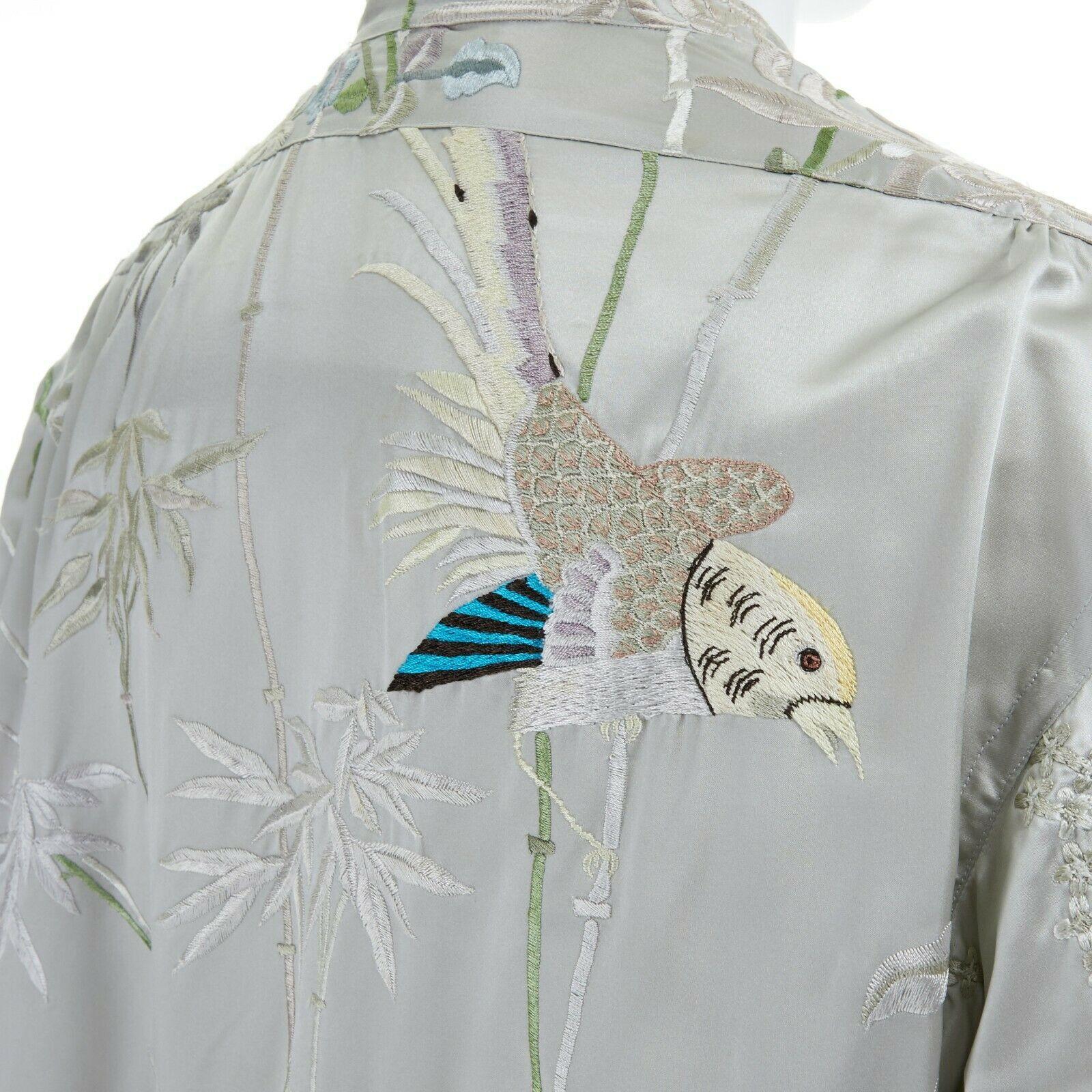 runway GUCCI TOM FORD green silk chinoiserie floral embroidered kimono shirt  L 2