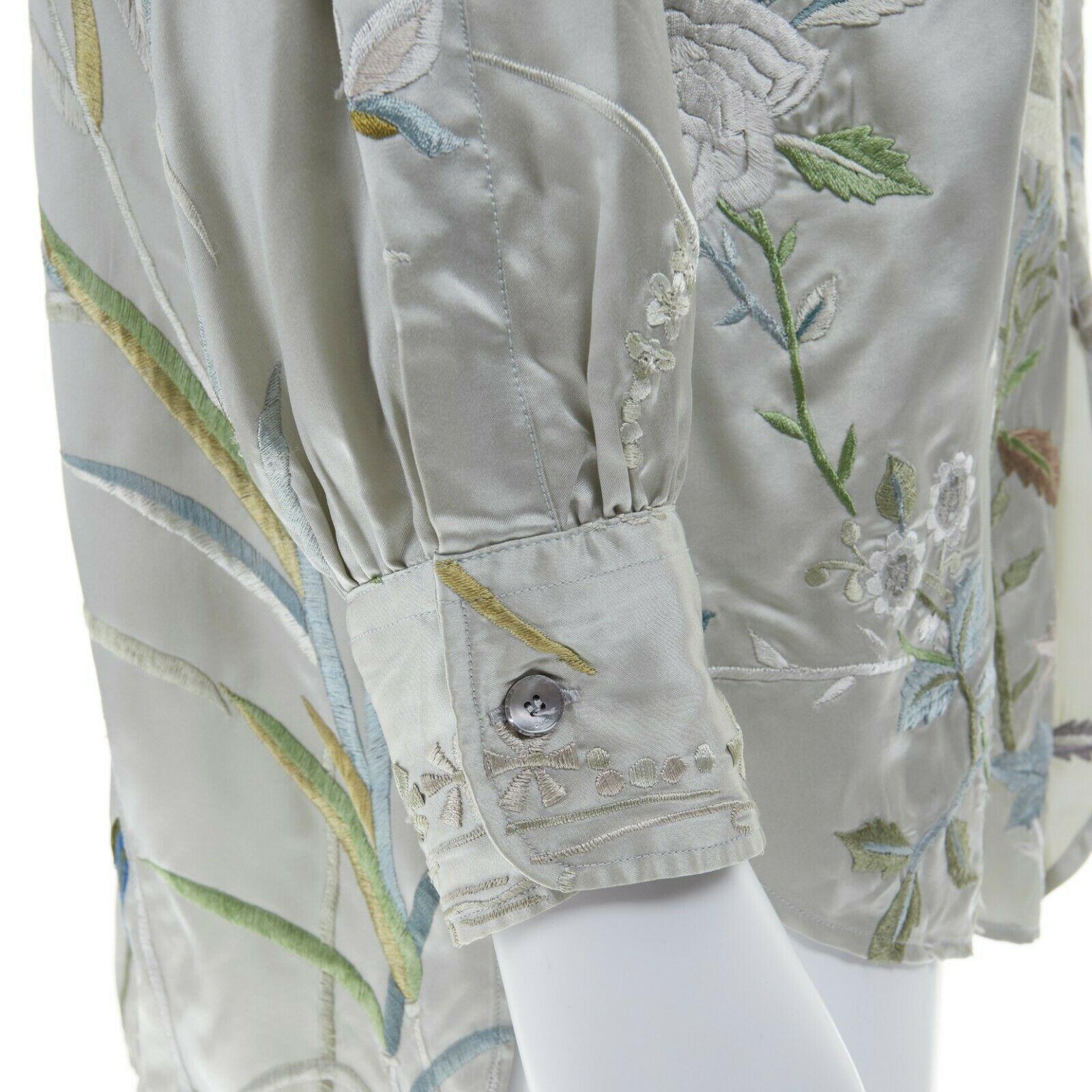 runway GUCCI TOM FORD green silk chinoiserie floral embroidered kimono shirt  L 1
