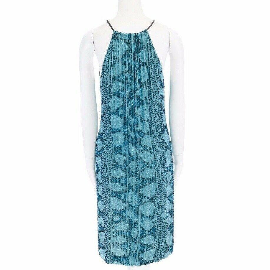 Women's runway GUCCI TOM FORD SS00 blue python glass bead embroidery halter dress S