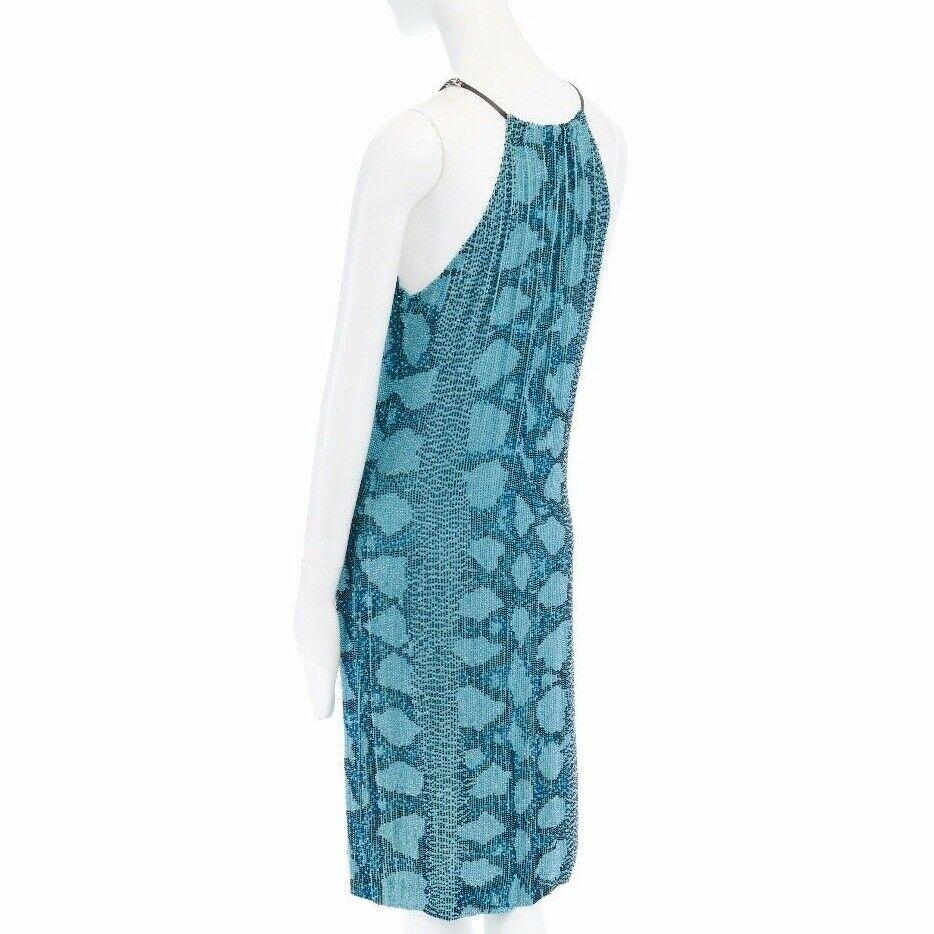 Women's runway GUCCI TOM FORD SS00 blue python glass bead embroidery halter dress S