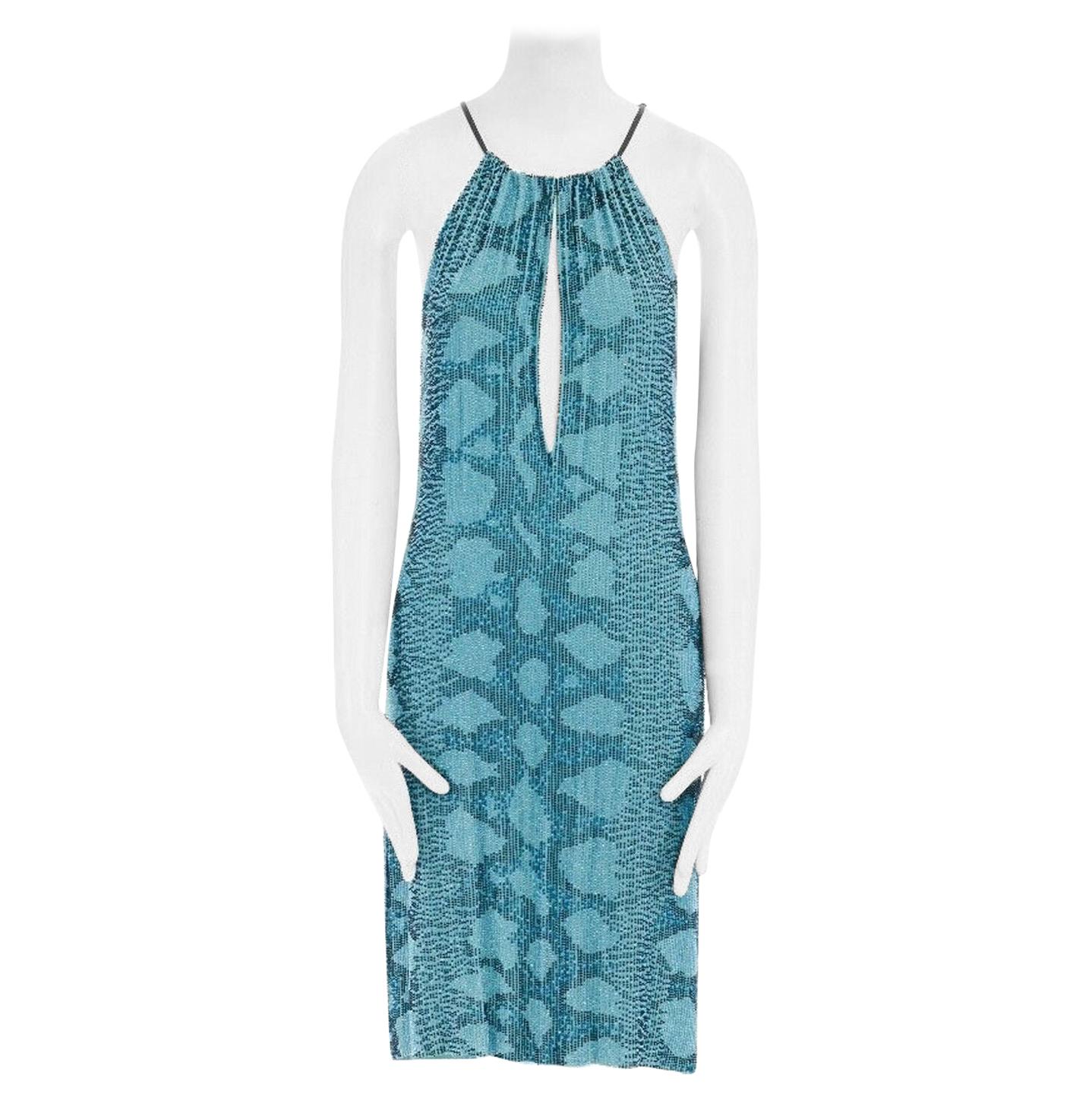runway GUCCI TOM FORD SS00 blue python glass bead embroidery halter dress S