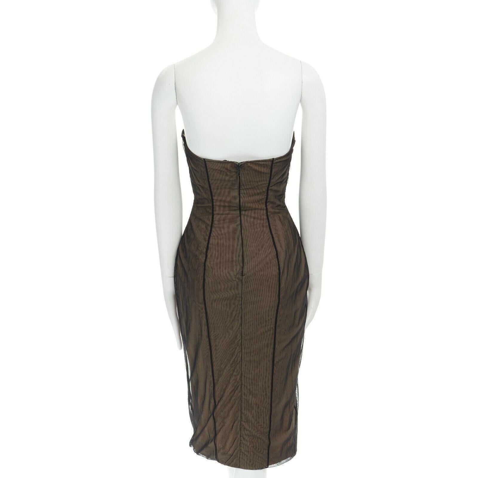 Black runway GUCCI TOM FORD Vintage nude mesh corset strapless cocktail dress IT40 US4