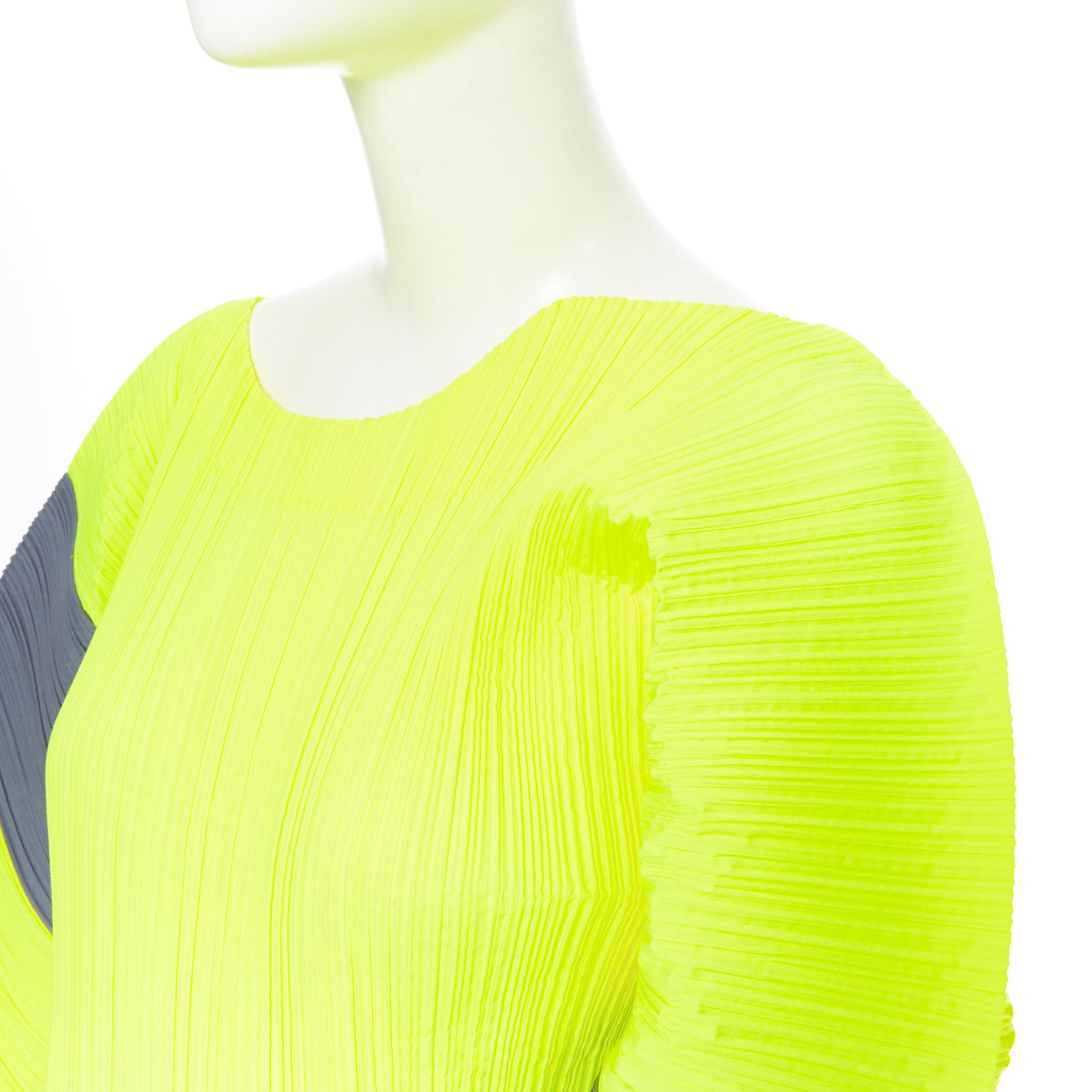 Women's runway ISSEY MIYAKE 2D neon yellow grey pleated voluminous sleeves dress S