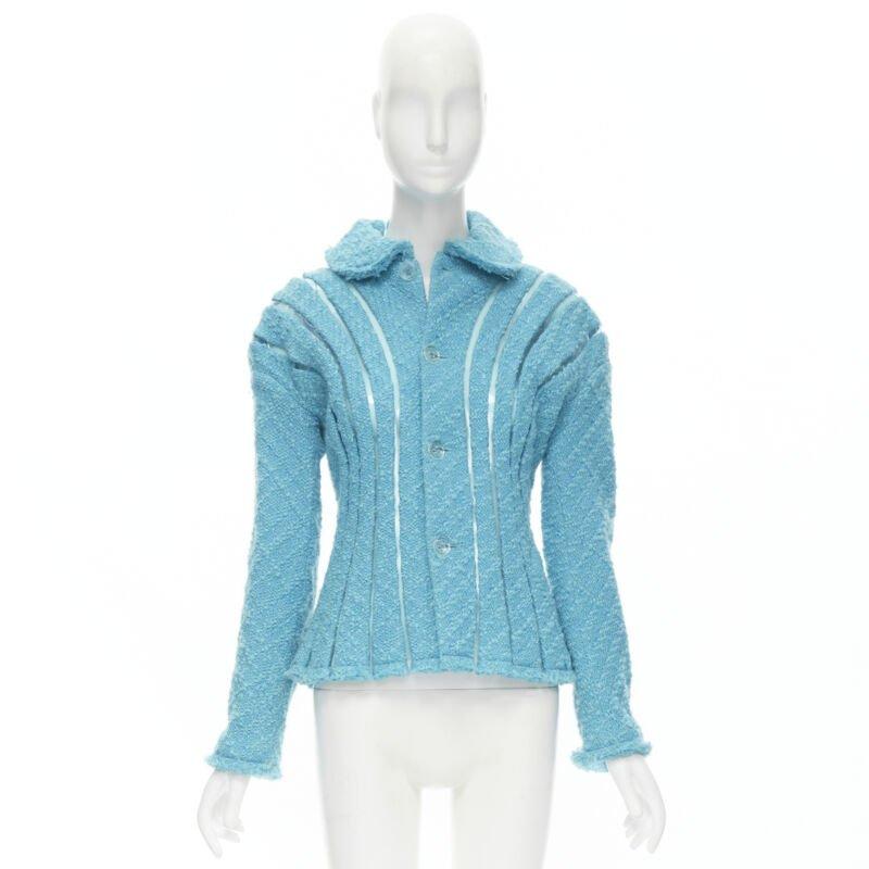 Giacca da passerella JUNYA WATANabe 2001 in tweed bouclé blu verde acqua con rifiniture in PVC, stile space age S in vendita 6