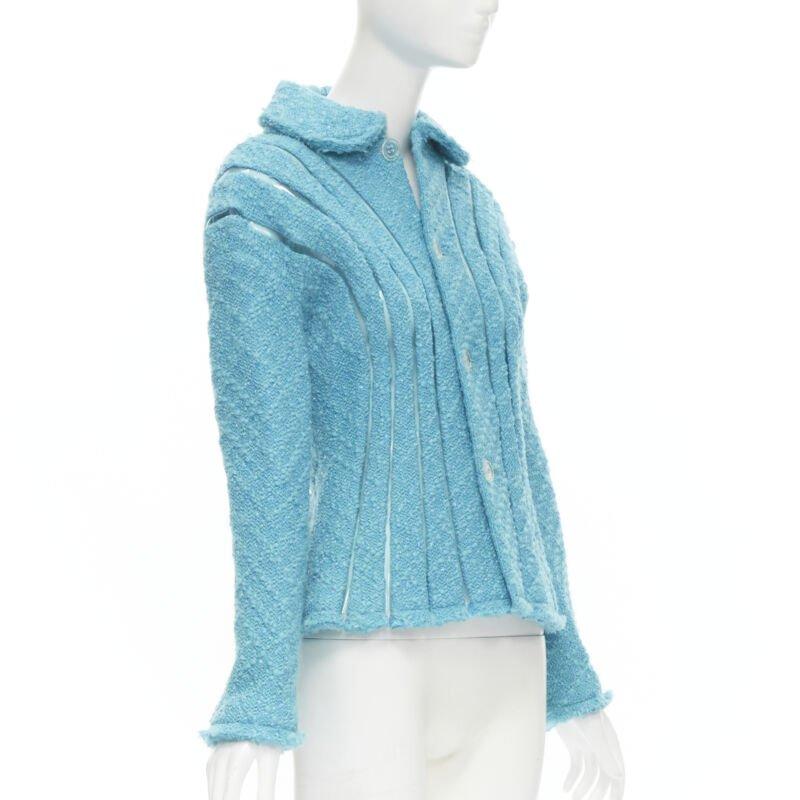 Blu Giacca da passerella JUNYA WATANabe 2001 in tweed bouclé blu verde acqua con rifiniture in PVC, stile space age S in vendita