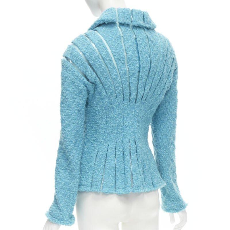 Giacca da passerella JUNYA WATANabe 2001 in tweed bouclé blu verde acqua con rifiniture in PVC, stile space age S in vendita 1