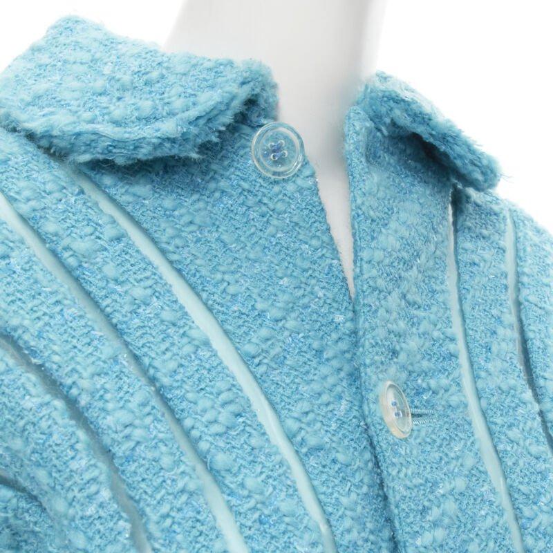 Giacca da passerella JUNYA WATANabe 2001 in tweed bouclé blu verde acqua con rifiniture in PVC, stile space age S in vendita 2