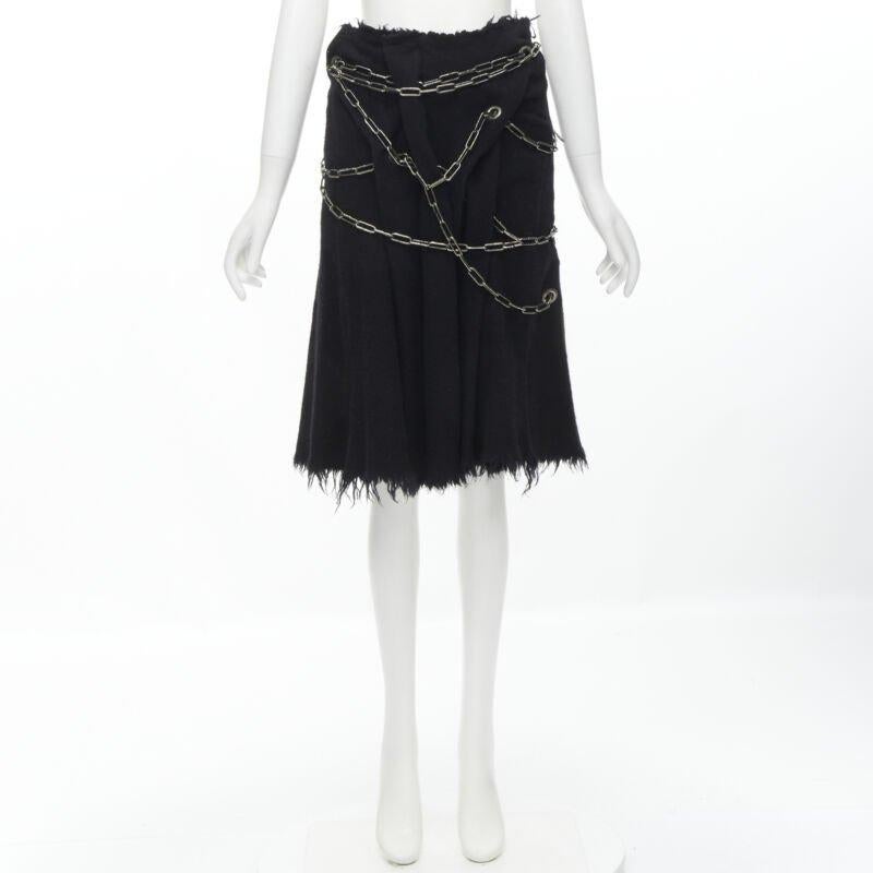Runway JUNYA WATANABE 2003 jupe midi en laine bouillie noire effilochée avec chaîne punk S en vente 5