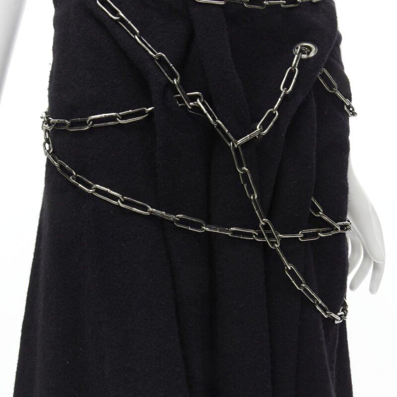 Runway JUNYA WATANABE 2003 jupe midi en laine bouillie noire effilochée avec chaîne punk S en vente 2