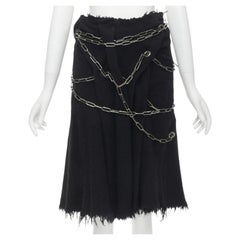 Gonna midi in passerella Junya Watanabe 2003 in lana cotta nera con catena punk sfrangiata S