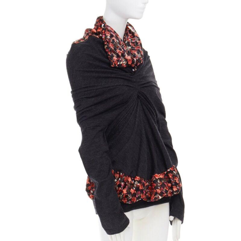Black runway JUNYA WATANABE 2008 pink floral print ruched gather front sweater top S