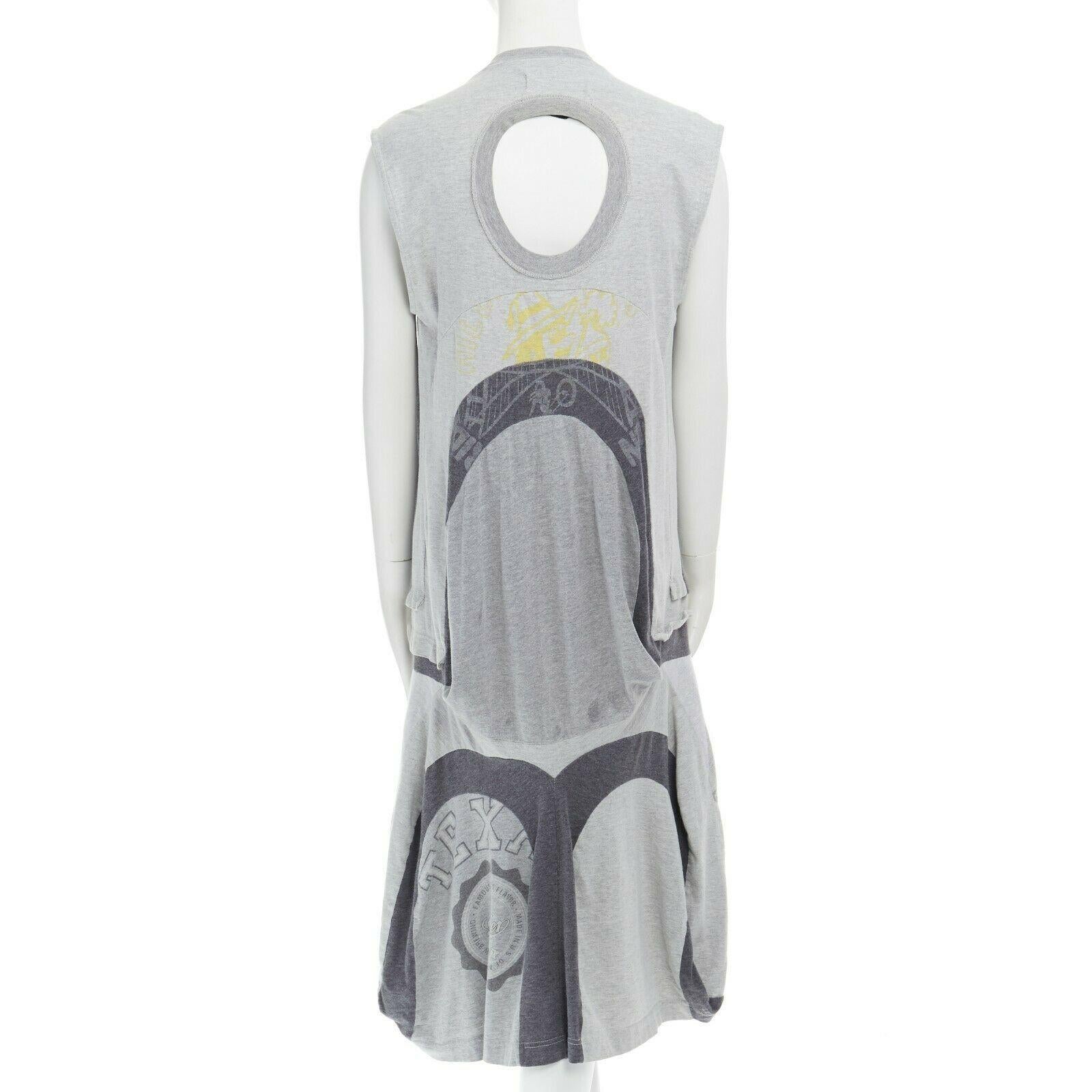 runway JUNYA WATANABE SS2006 grey reconstructed vintage tee cut out dress S US4

JUNYA WATANABE
FROM THE SPRING SUMMER 2006 RUNWAY
100% cotton . Reconstructed from vintage printed cotton tee . Classic crew neck . 
Grey sleeveless printed cotton top
