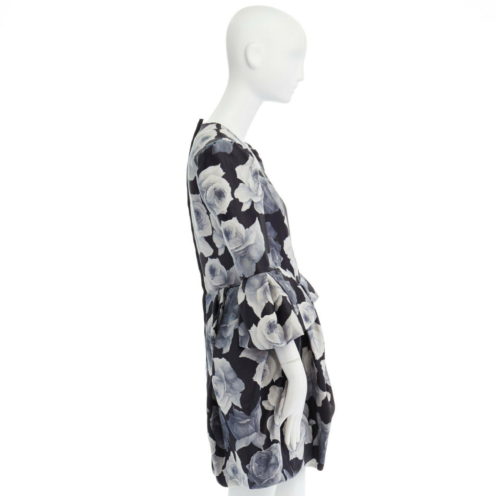 runway LANVIN AW11 black rose print puff shoulder ruffle cuff cocktail dress XS In Excellent Condition In Hong Kong, NT