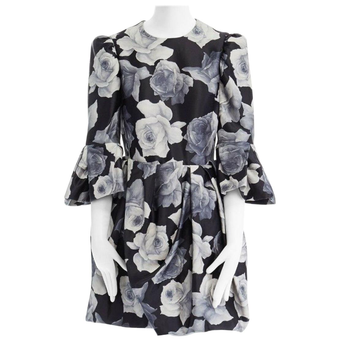 runway LANVIN AW11 black rose print puff shoulder ruffle cuff cocktail dress XS