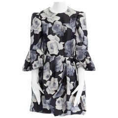 runway LANVIN AW11 black rose print puff shoulder ruffle cuff cocktail dress XS