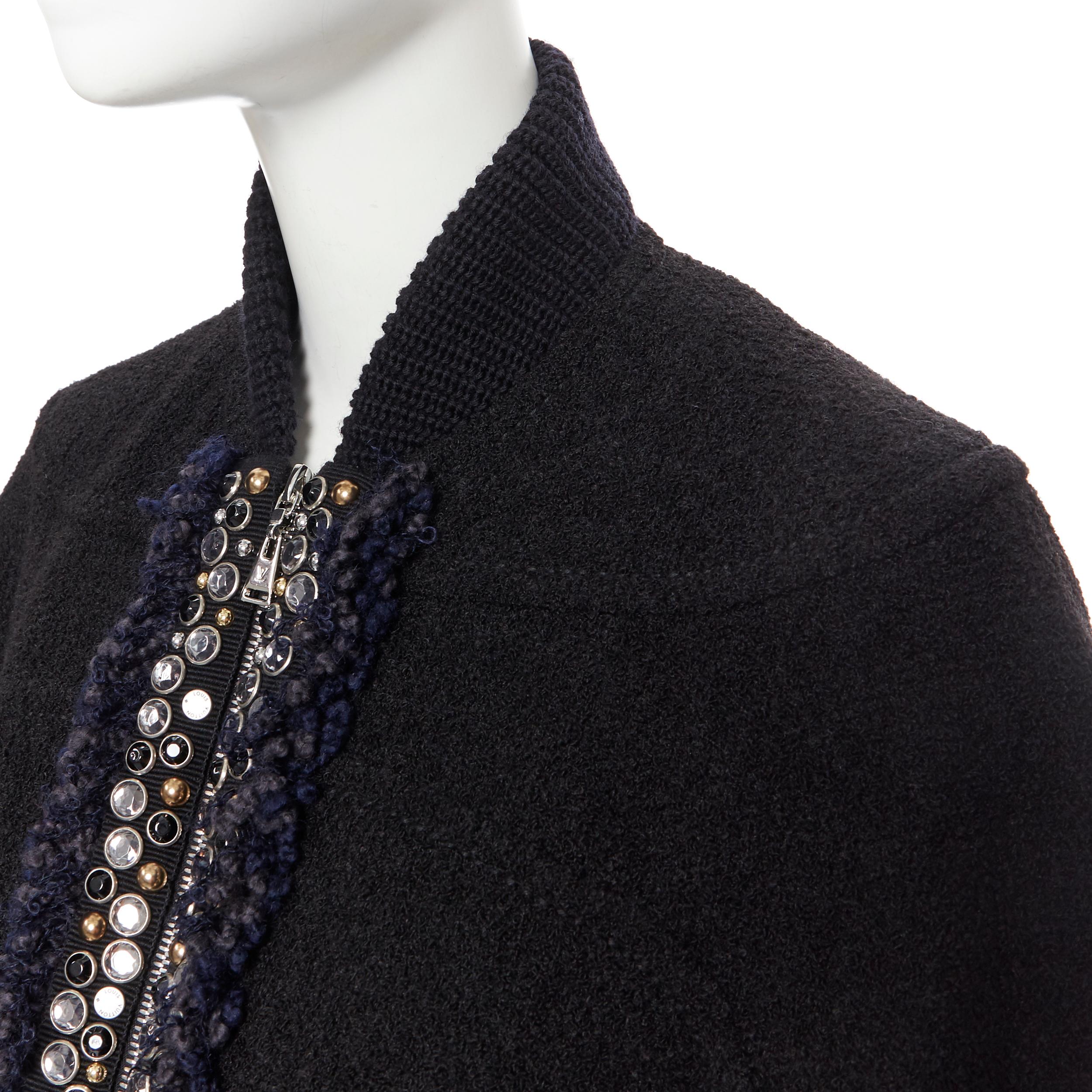Women's runway LOUIS VUITTON black boucle jewel stud embellished cocoon cape coat FR36