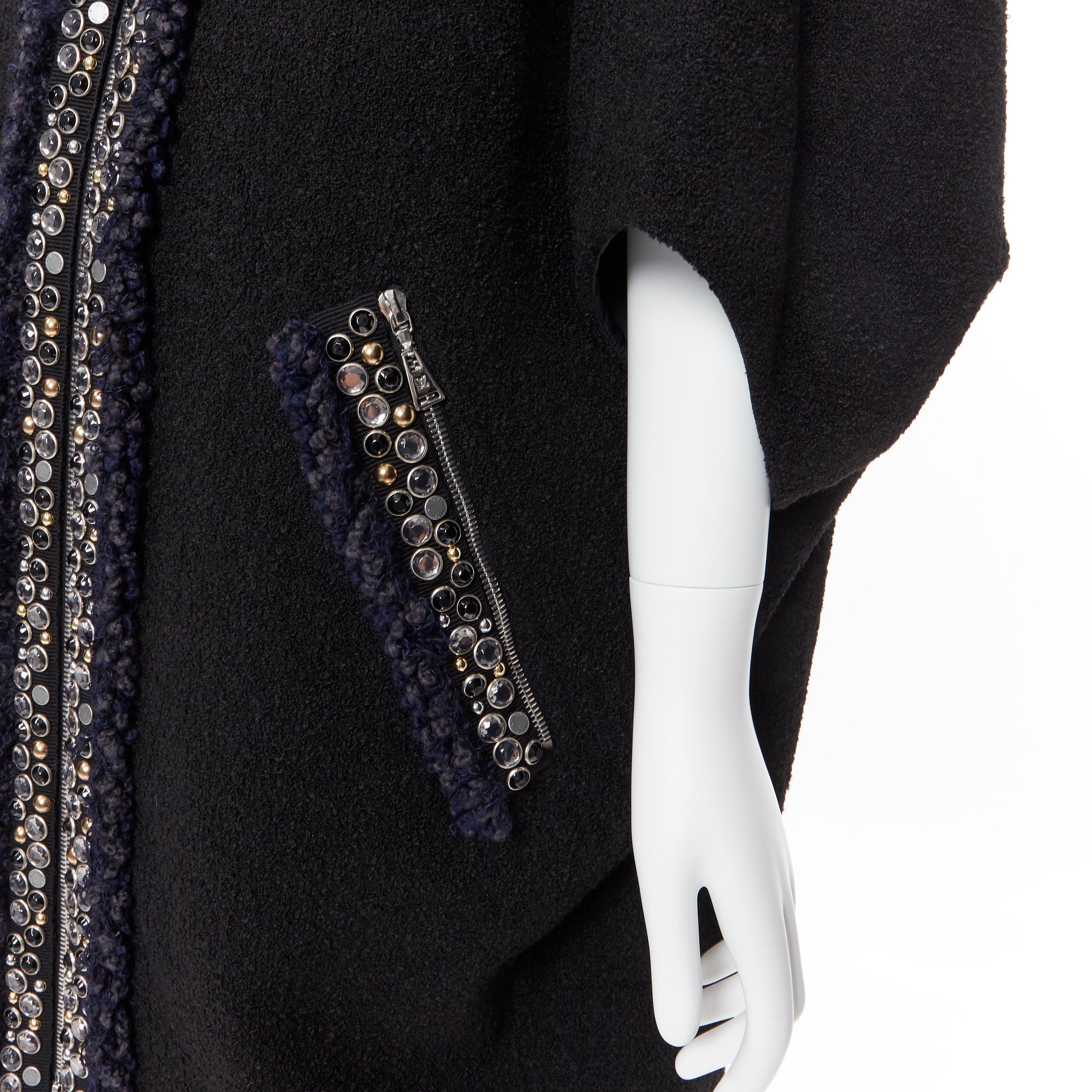 runway LOUIS VUITTON black boucle jewel stud embellished cocoon cape coat FR36 1