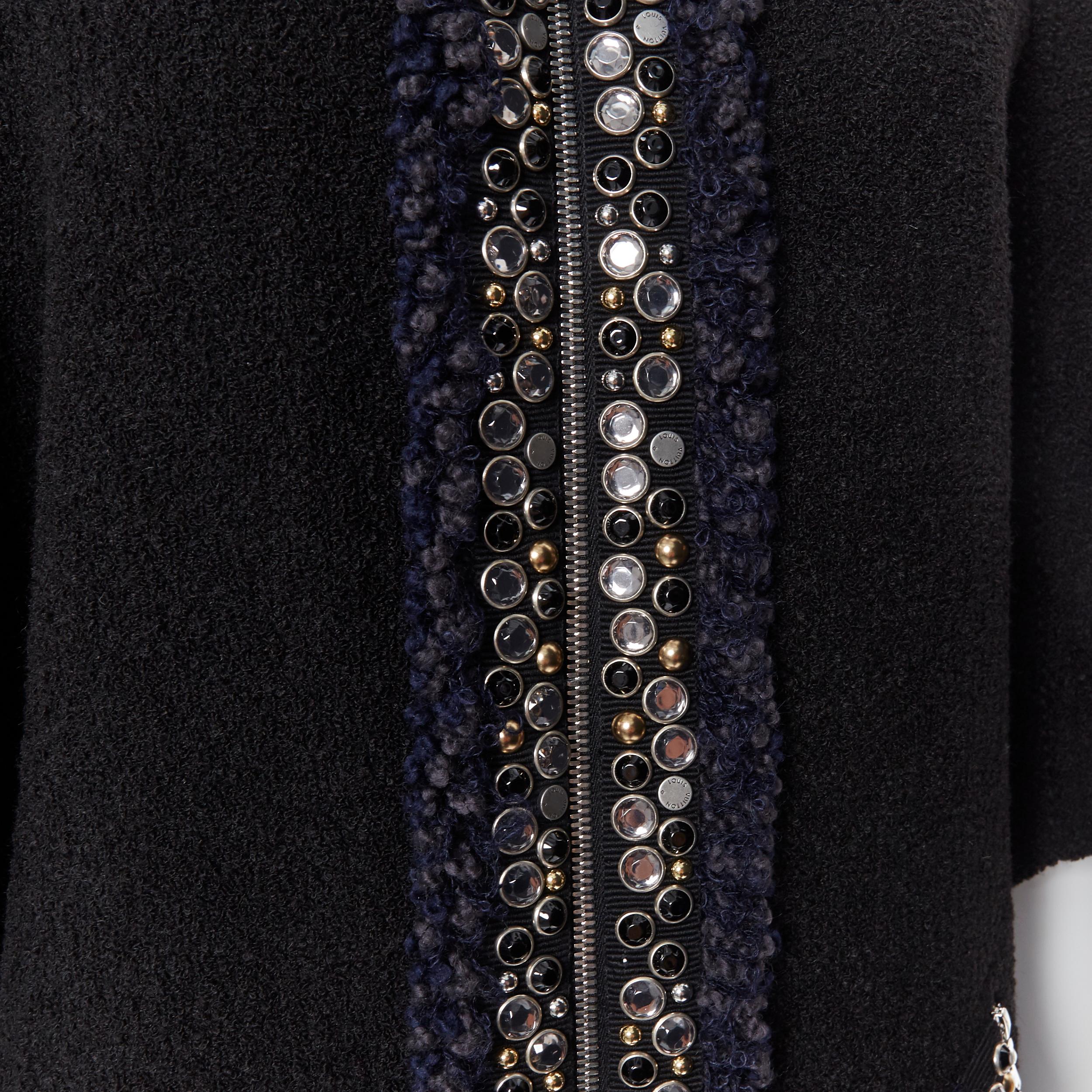 runway LOUIS VUITTON black boucle jewel stud embellished cocoon cape coat FR36 S 2